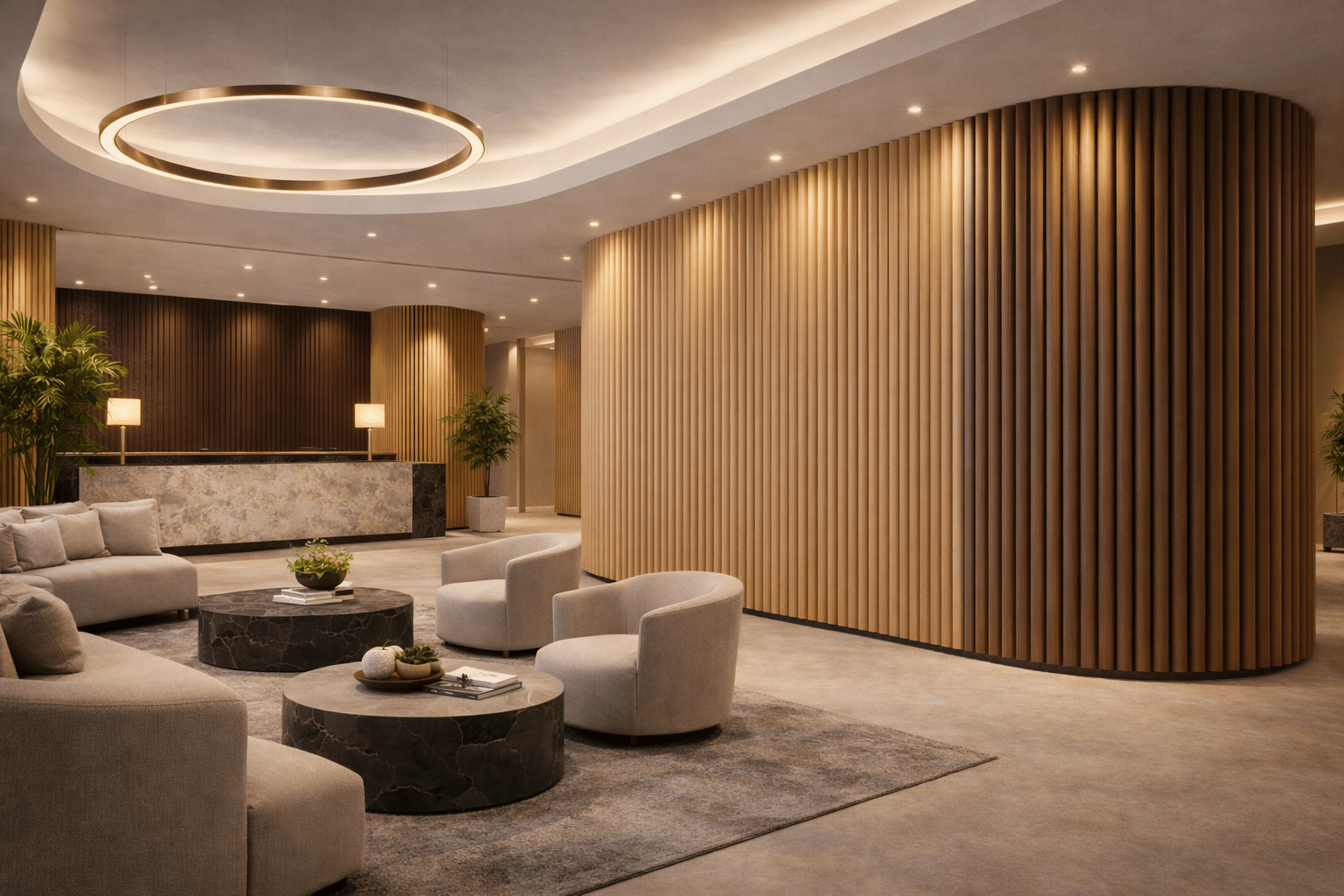 Curved batten wall panels installed in architectural interior spaces 