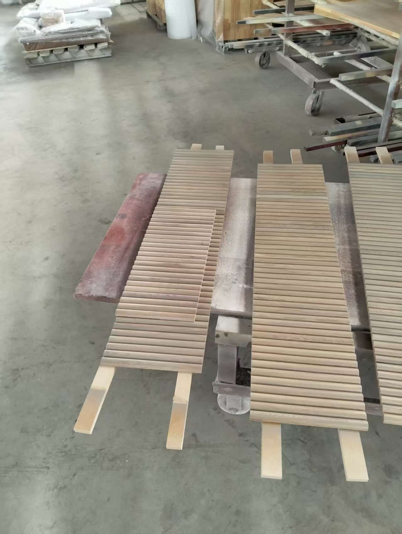 Manufacturing process of curved slat wall panels in factory 