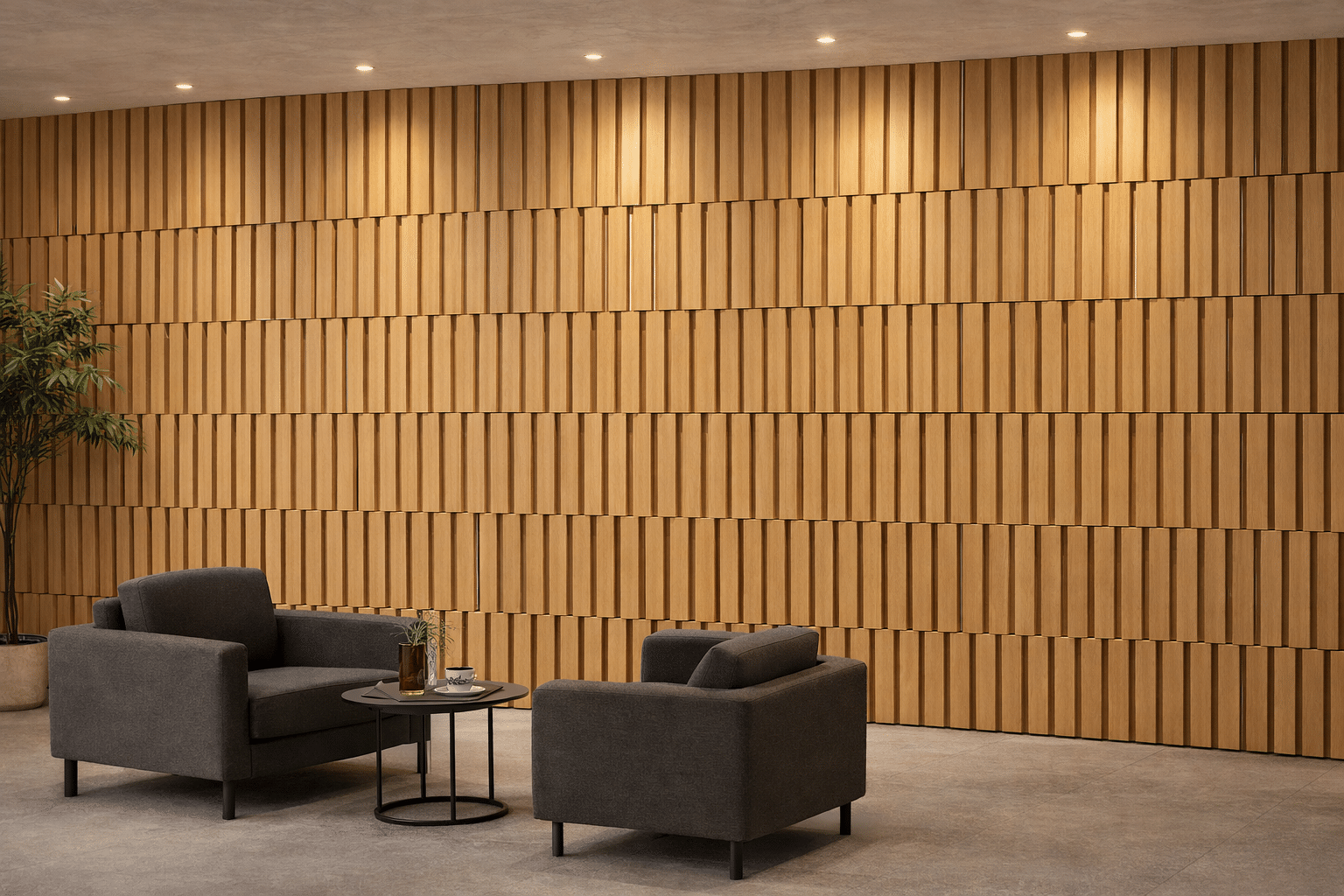 Geometric slat wall panels interior wall system overview