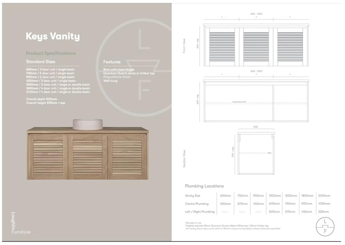 Custom size and layout measurement for solid oak vanity units, showing precise width, depth, and thickness control