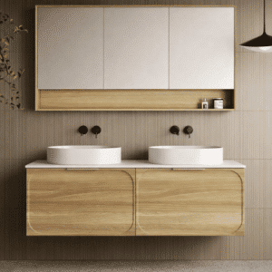 Solid oak double sink bathroom vanity with quartz countertop and undermount sinks