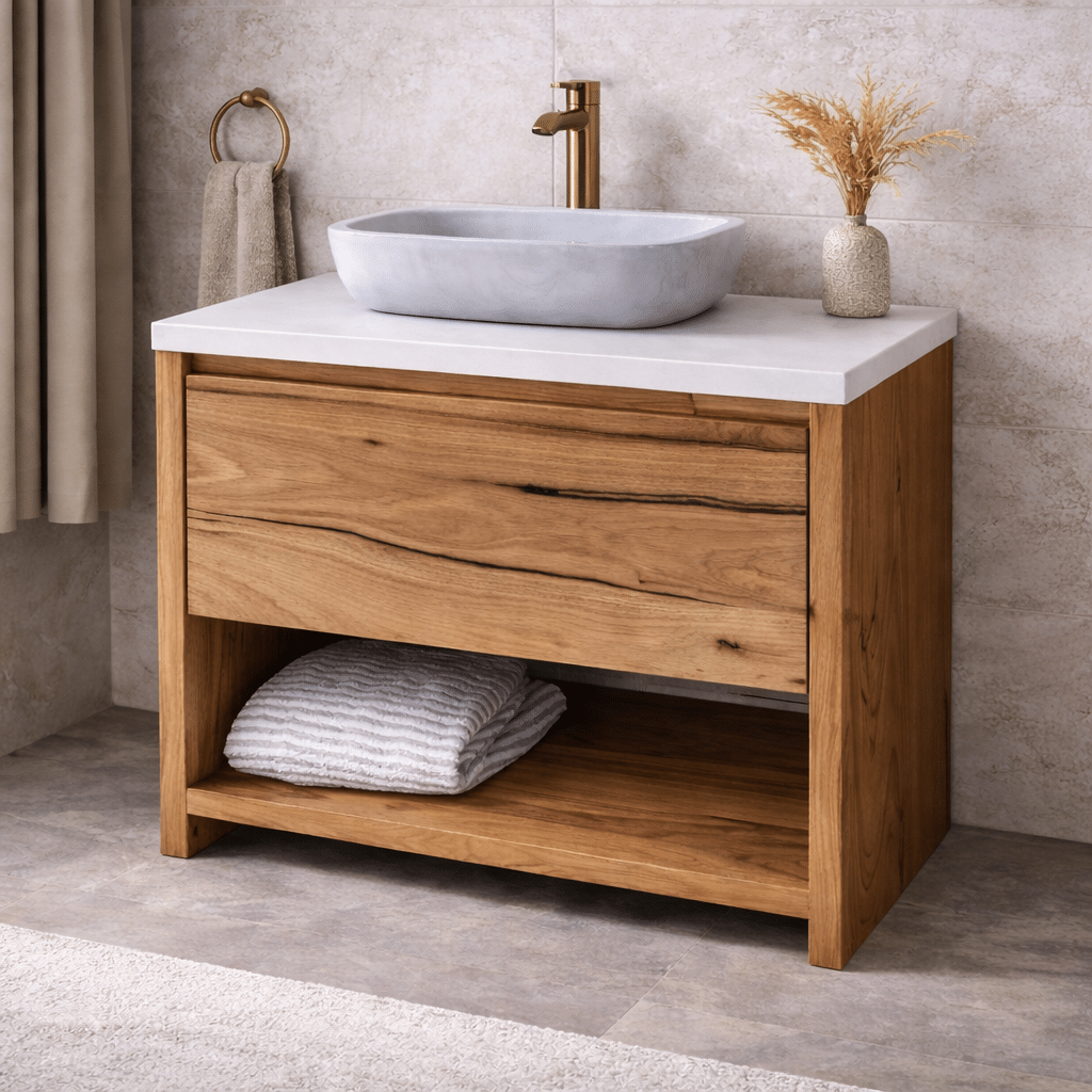 Solid oak single sink bathroom vanity in bathroom setting