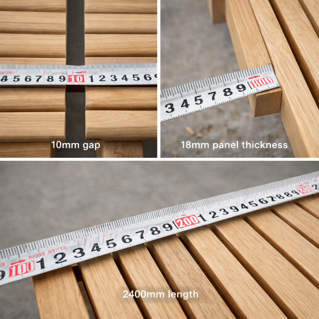 Solid wood slat wall panel dimensions with tape measurement for size reference
