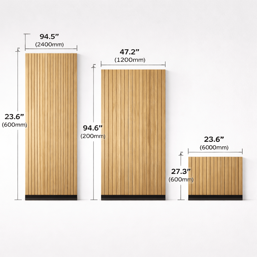 Standardized solid wood slat wall panels with fixed profile and uniform surface finish