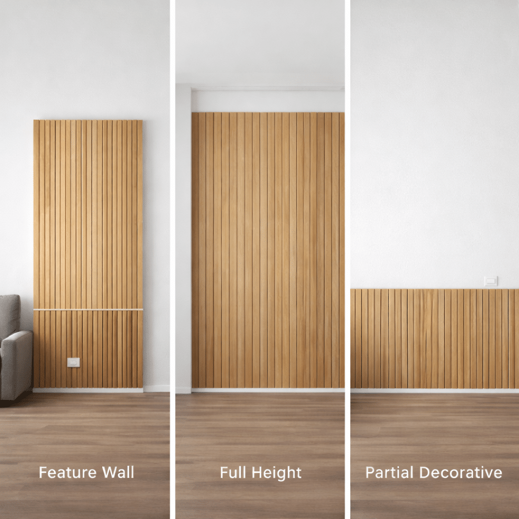 Solid wood slat wall panels used for feature walls full-height coverage and decorative installations