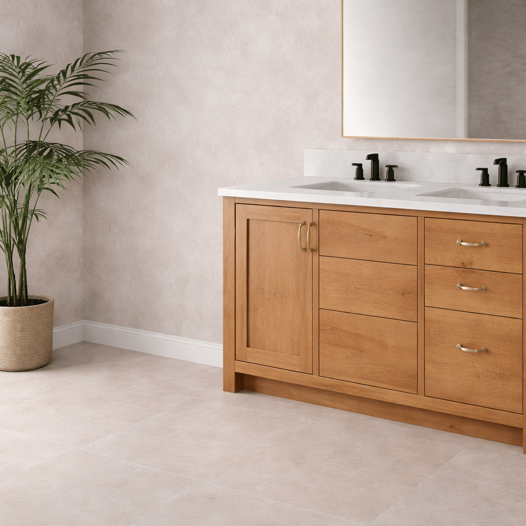 custom solid oak double vanity with storage drawers and soft-close system