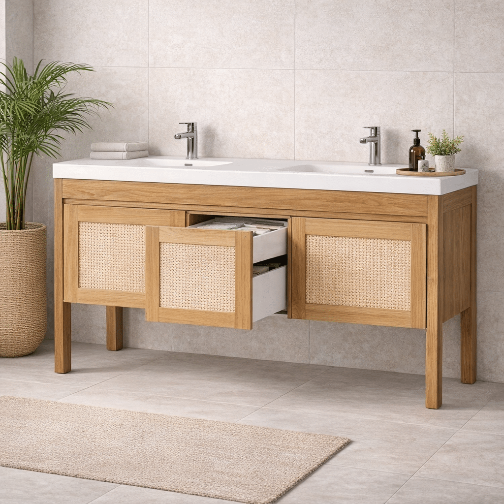drawer focused bathroom vanity with storage drawers open