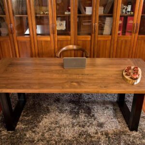 black walnut rectangular dining table with stripe pattern