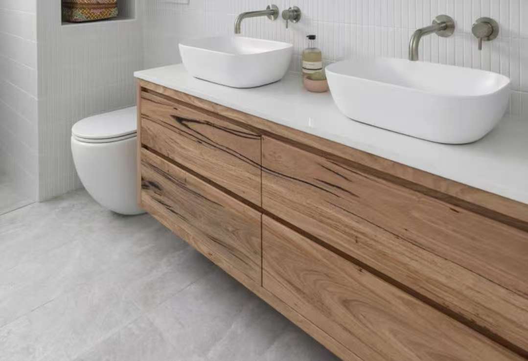 Solid oak bathroom double vanity with drawer storage