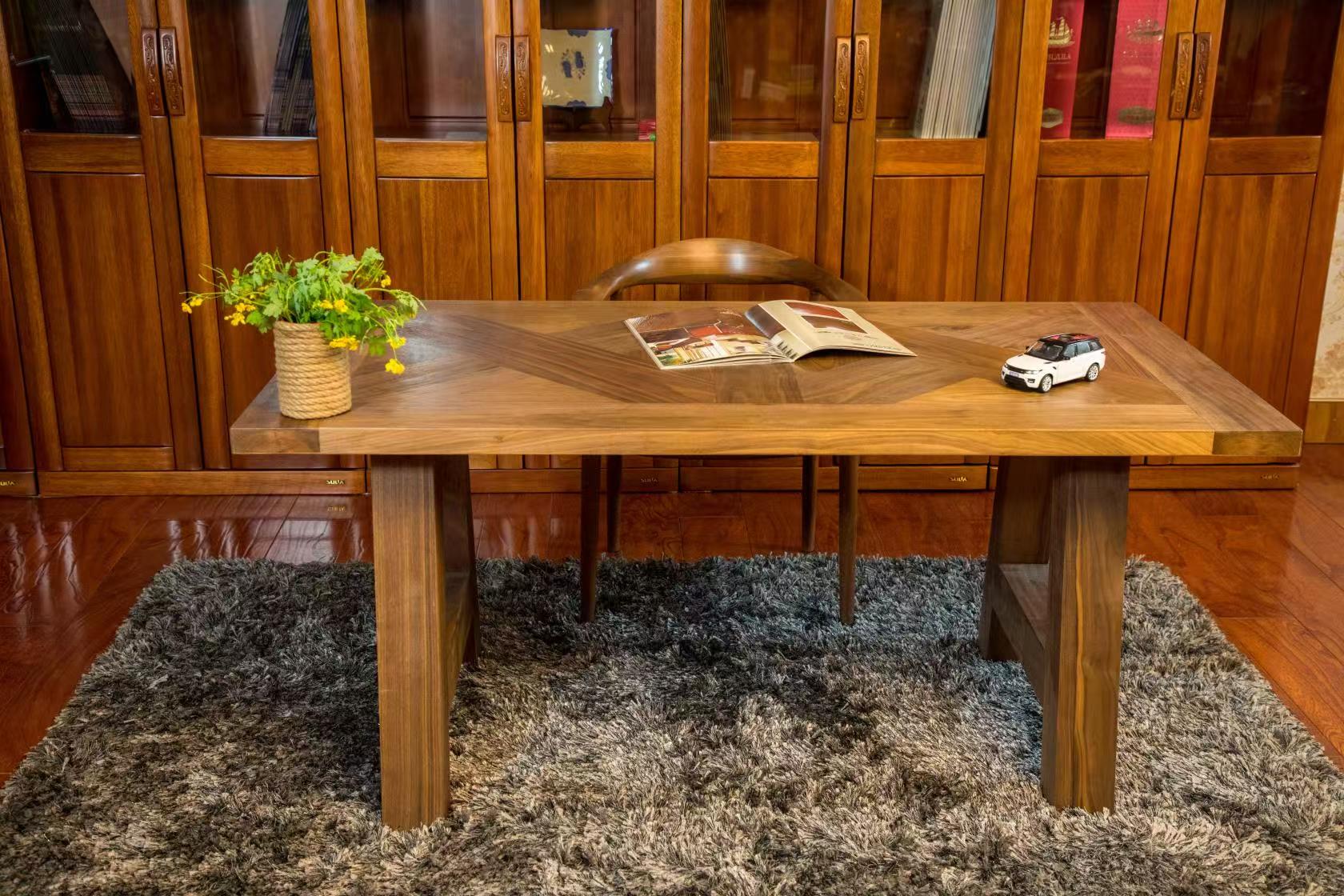 Solid oak dining table manufacturing process with engineered wood construction