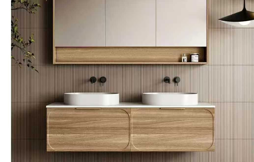 Custom solid oak double vanity with storage drawers and soft-close system