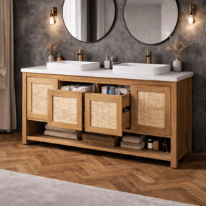 solid oak drawer focused bathroom vanity in modern bathroom setting