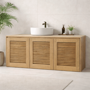 solid oak freestanding bathroom vanity cabinet with louvered doors