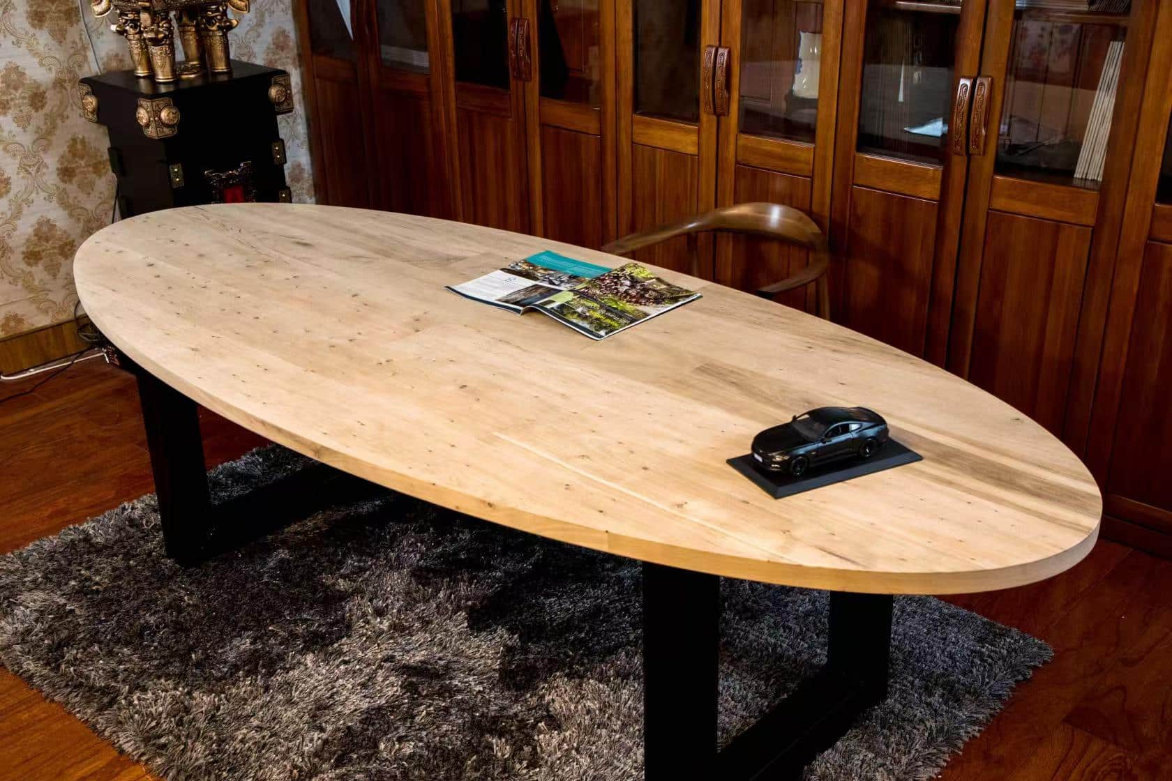 Custom size solid oak round dining table structure and thickness options