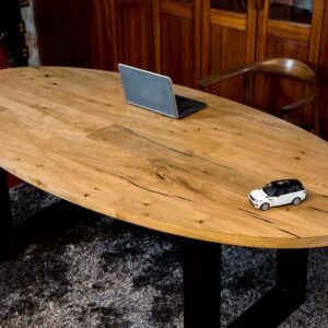 Solid oak round dining table with stripe pattern surface