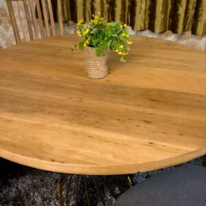 solid oak round dining table with stripe pattern