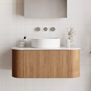 Solid oak vanity custom project bathroom with quartz countertop and undermount sink