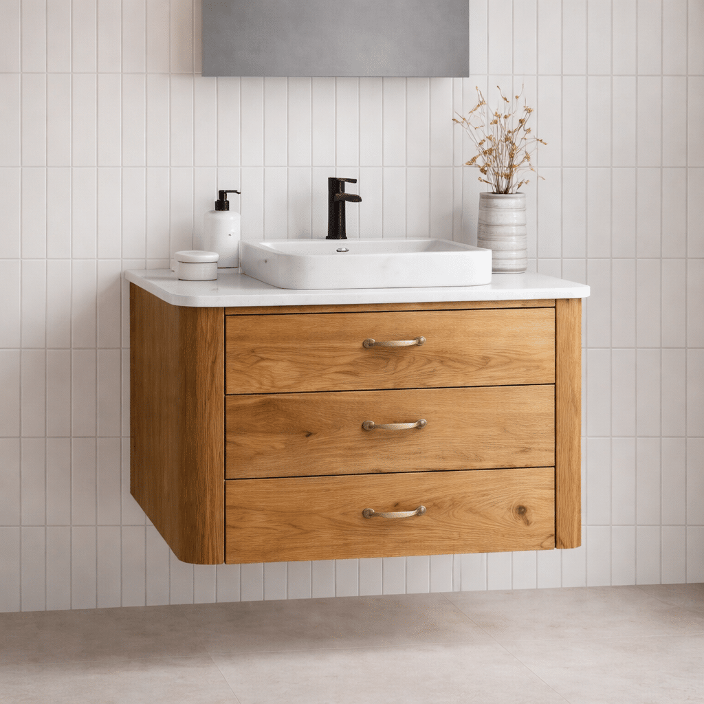 solid oak vanity custom project bathroom with quartz countertop and undermount sink
