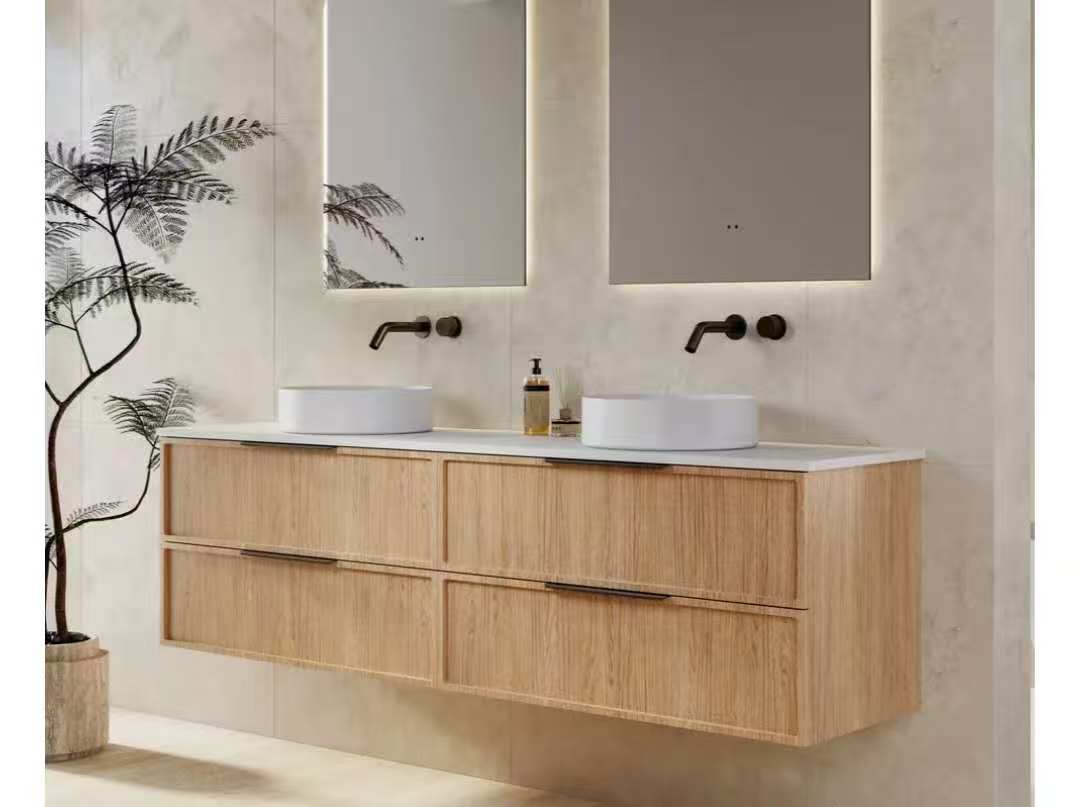 Custom solid oak double sink bathroom vanity with quartz countertop and undermount sinks for residential project use
