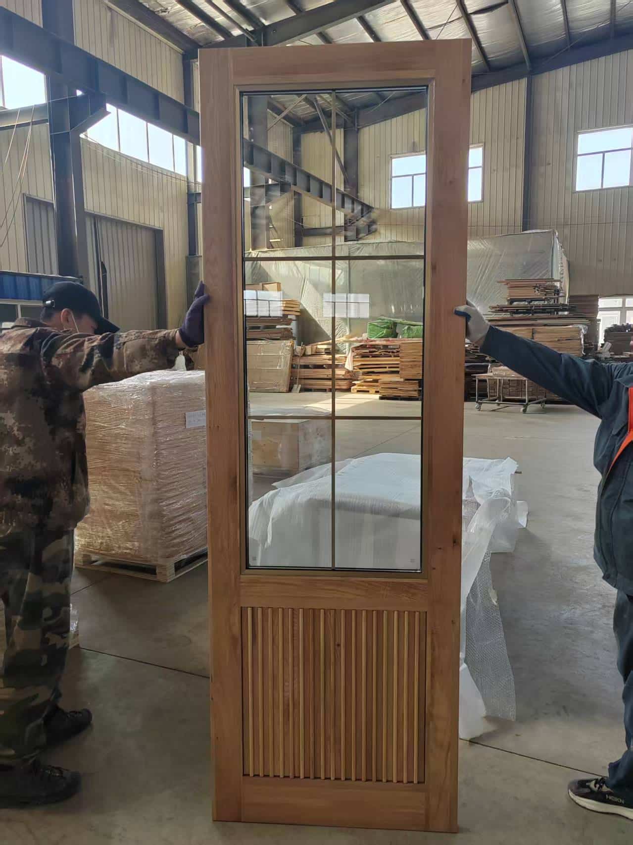 full glass timber interior door with oak frame and reeded lower panel