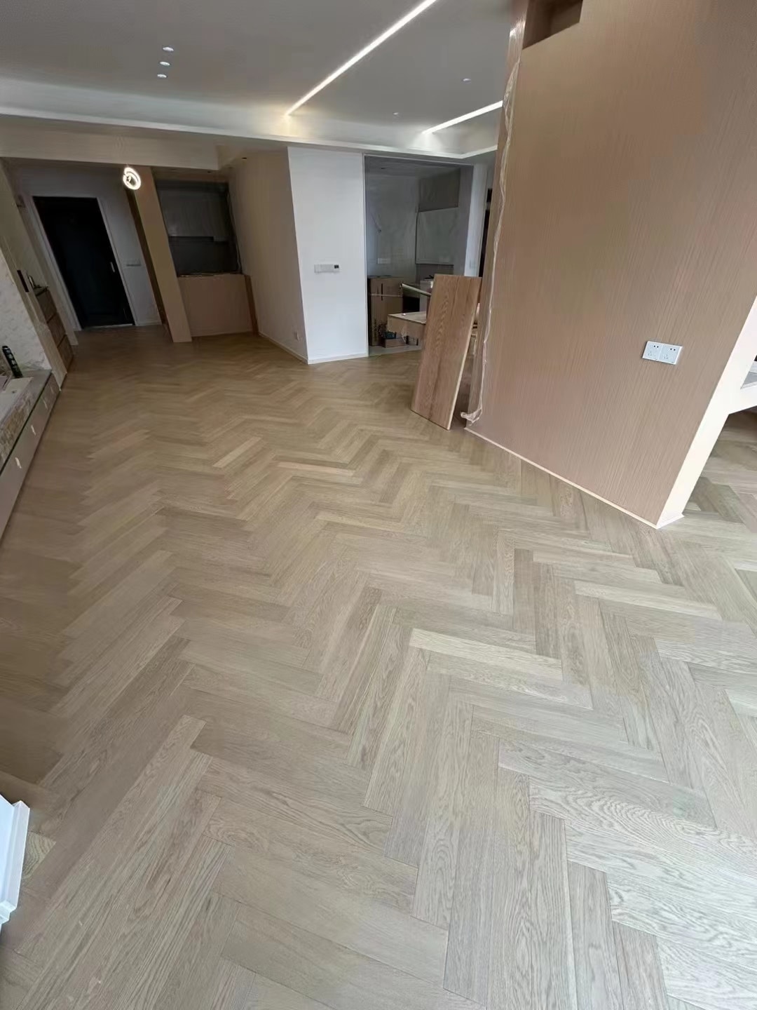 black washed oak herringbone flooring detail