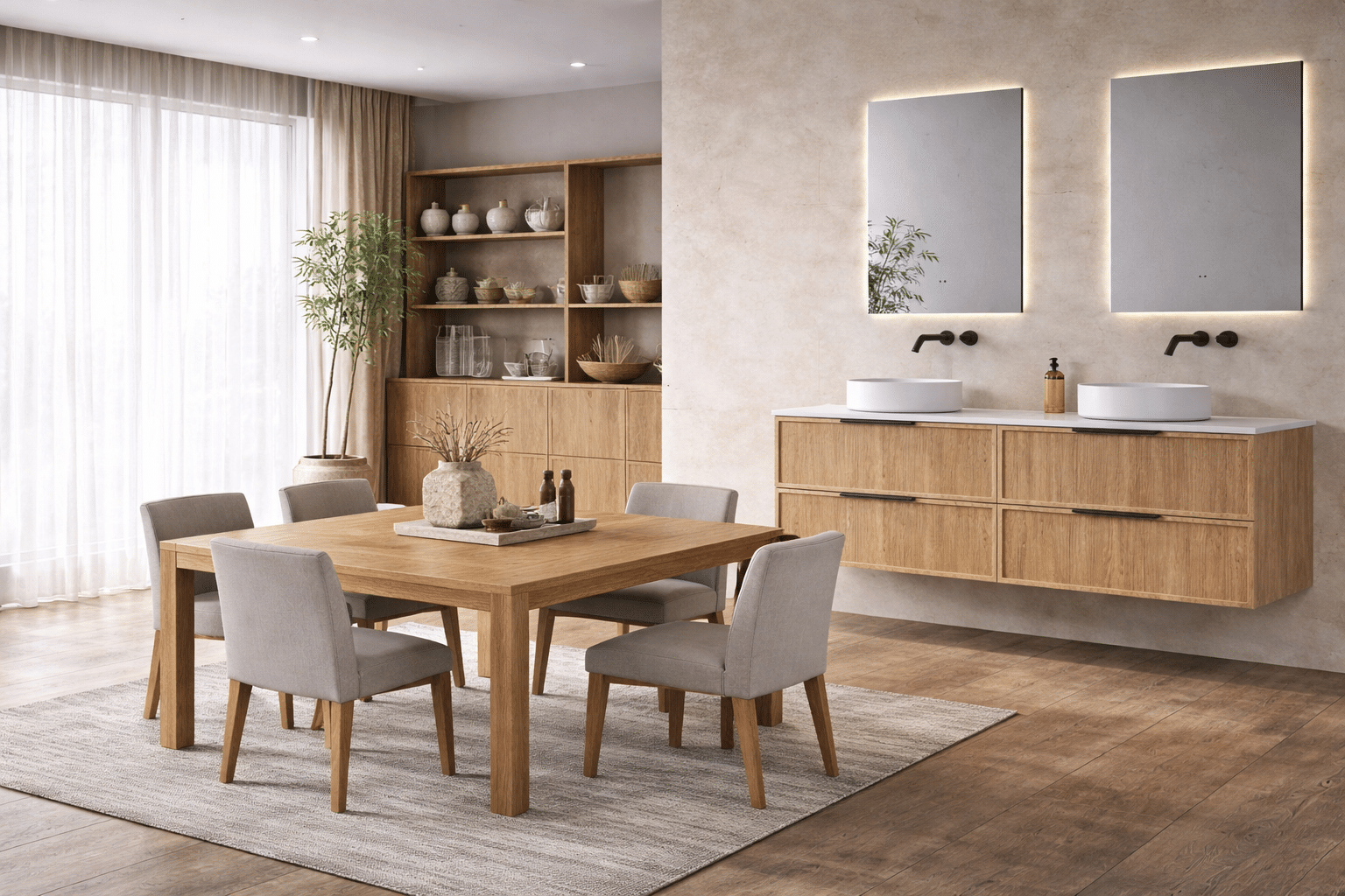 custom wood furniture dining table and oak vanity for interior project