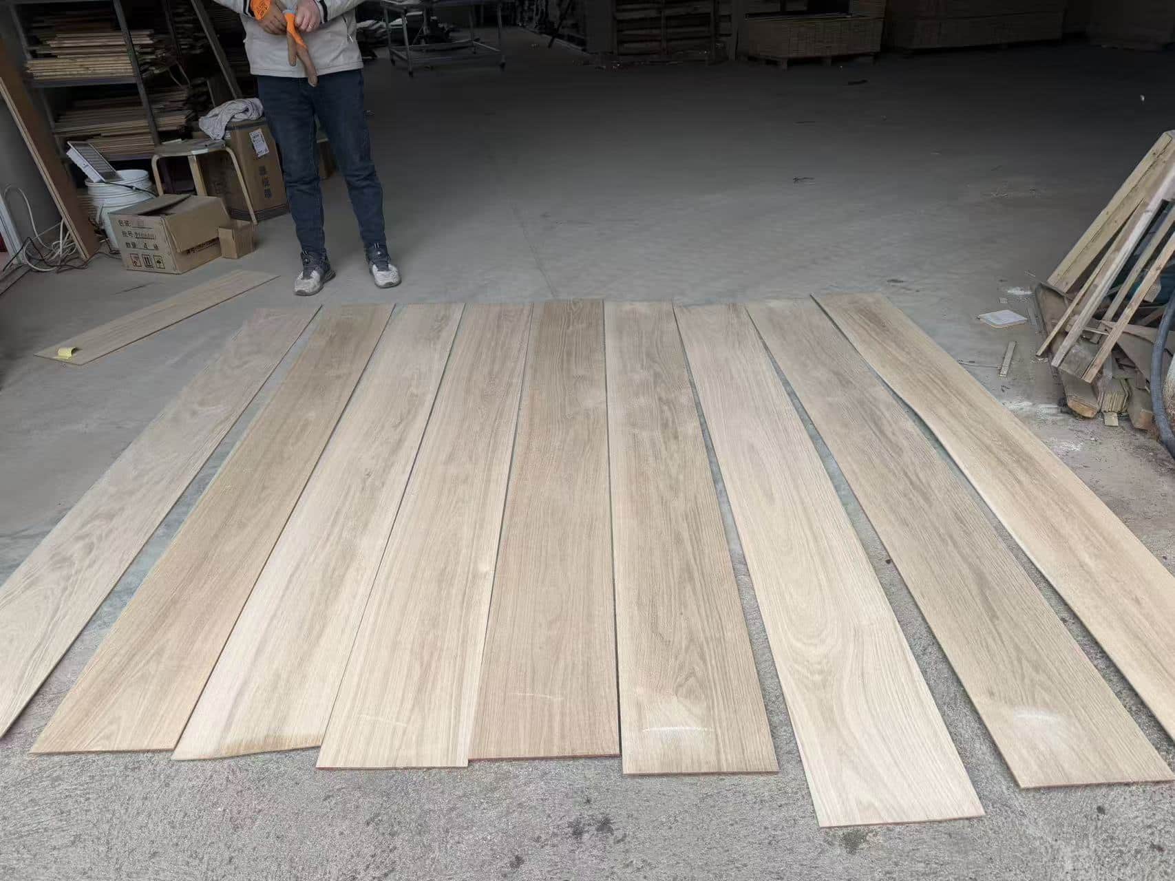 engineered wood flooring long plank production in factory workshop