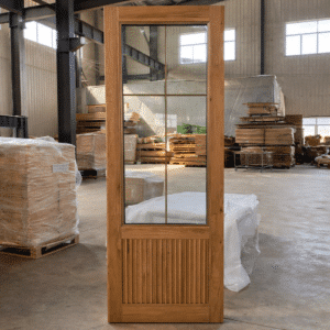 timber glass interior swing door in oak with transparent glass and reeded lower panel