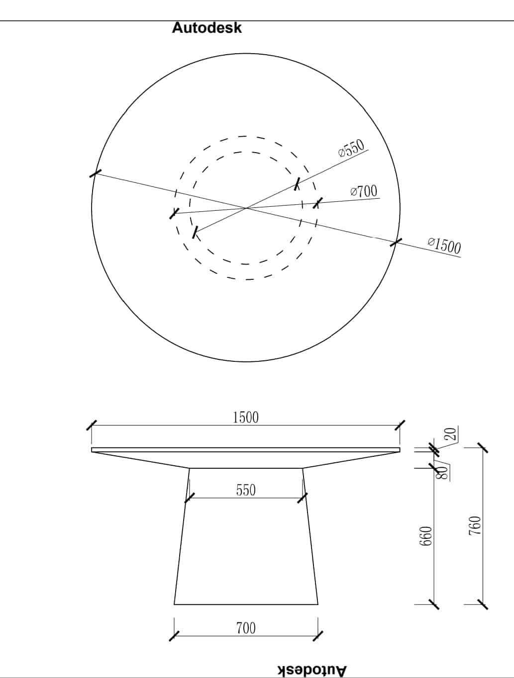 mushroom dining table technical drawing and dimensions