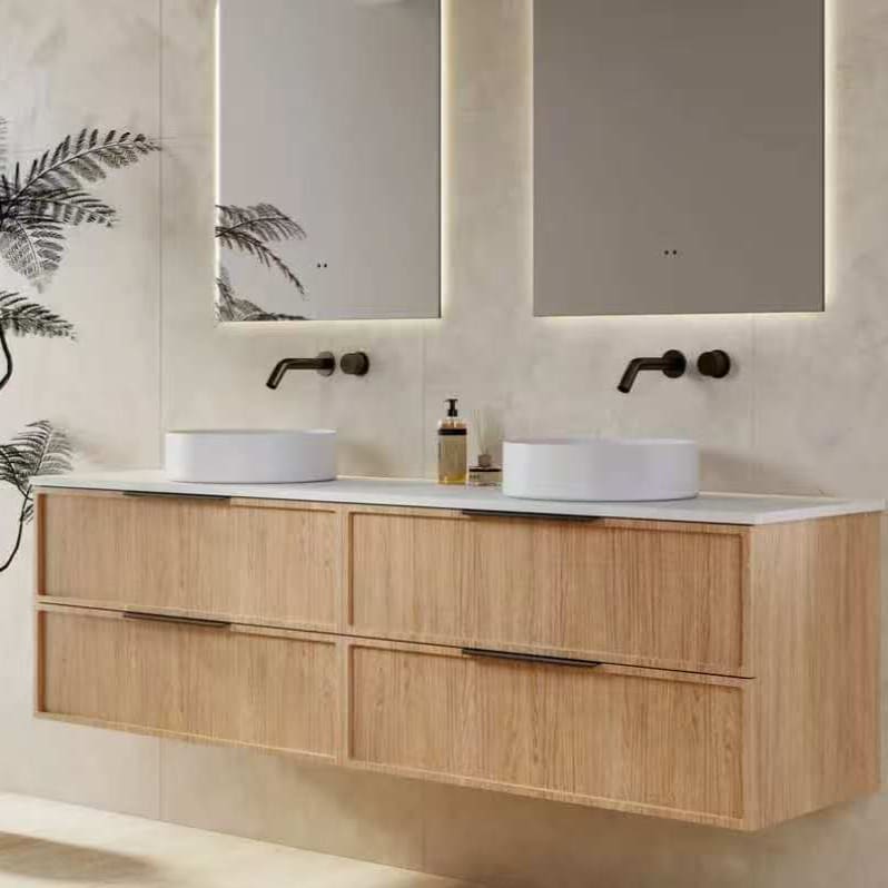 solid oak bathroom vanity cabinet with rustic wood texture for luxury interiors