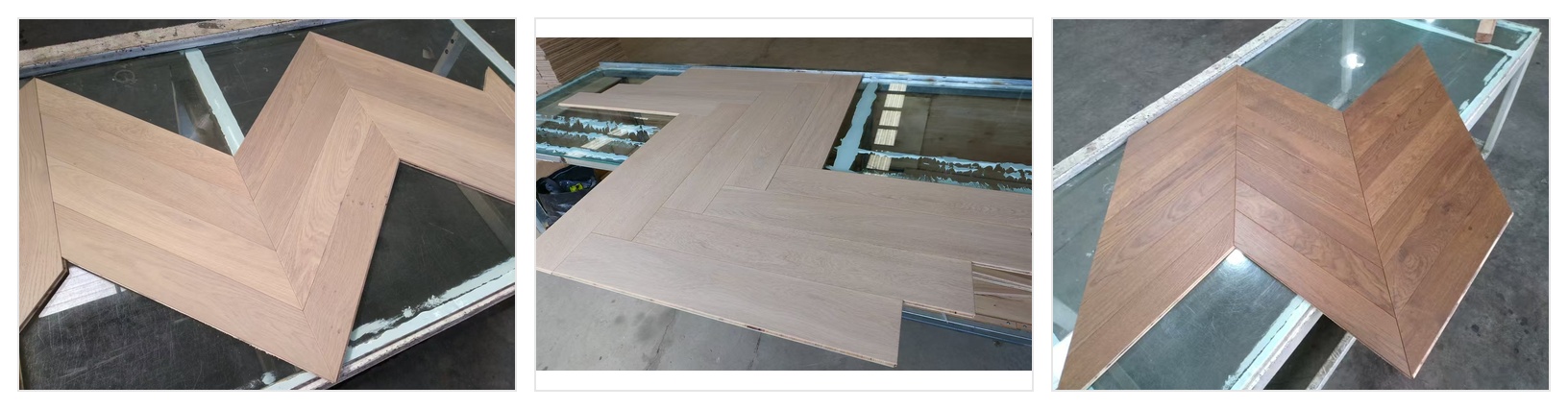 Custom herringbone and chevron wood flooring sample panels in light and medium oak tones