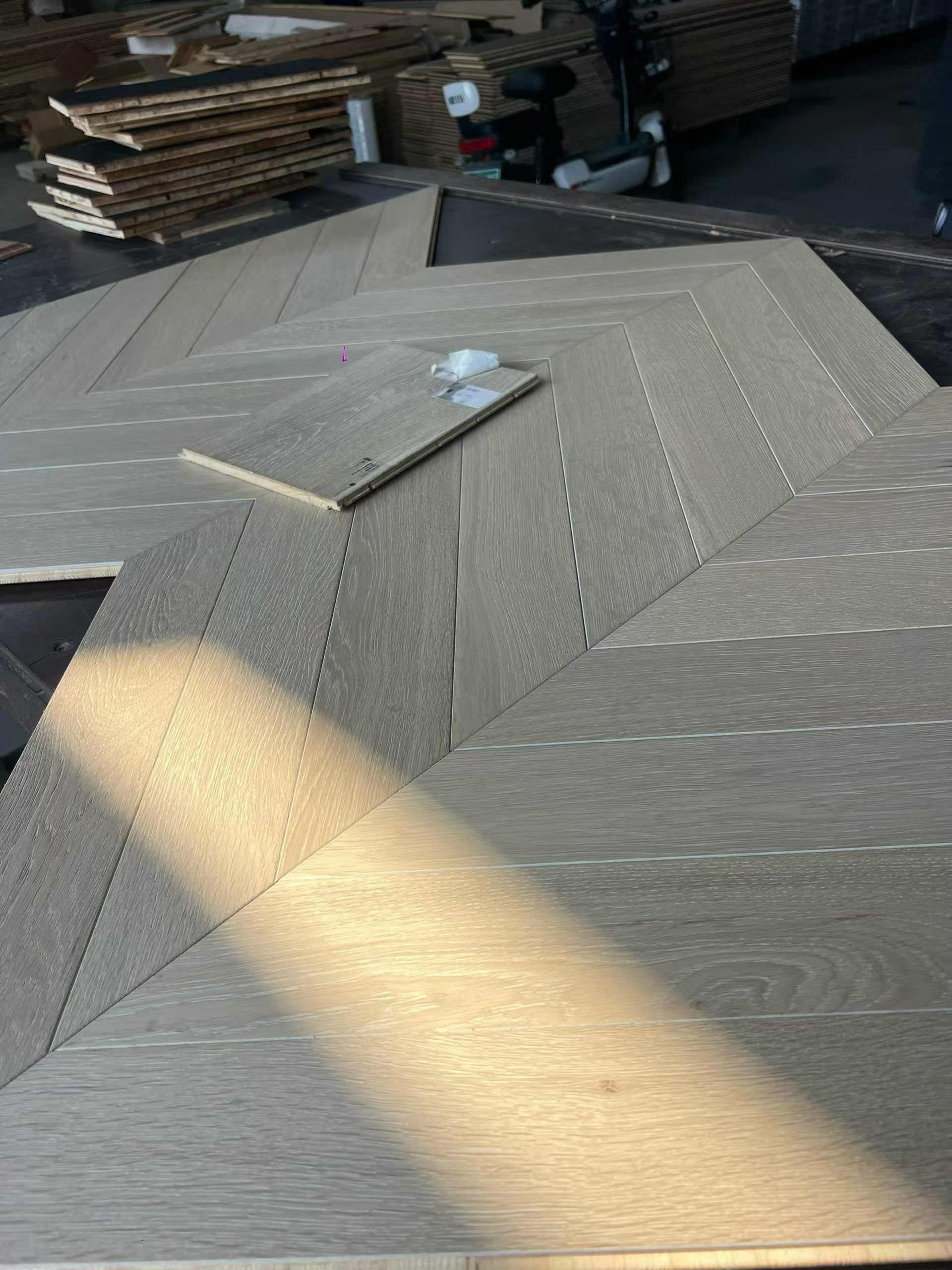 Engineered oak chevron flooring pattern display