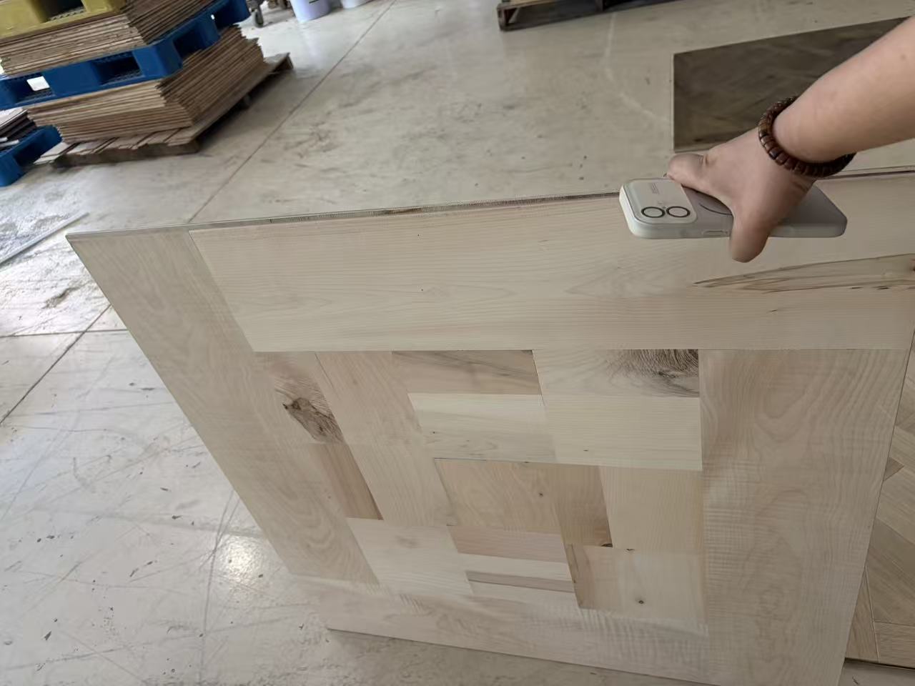 reactive stained engineered oak Versailles flooring backside