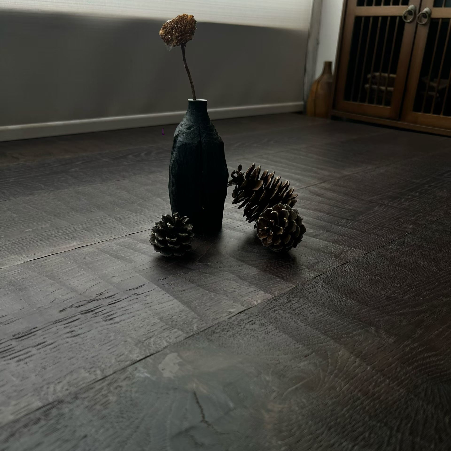 wide plank engineered oak flooring with smoked color finish