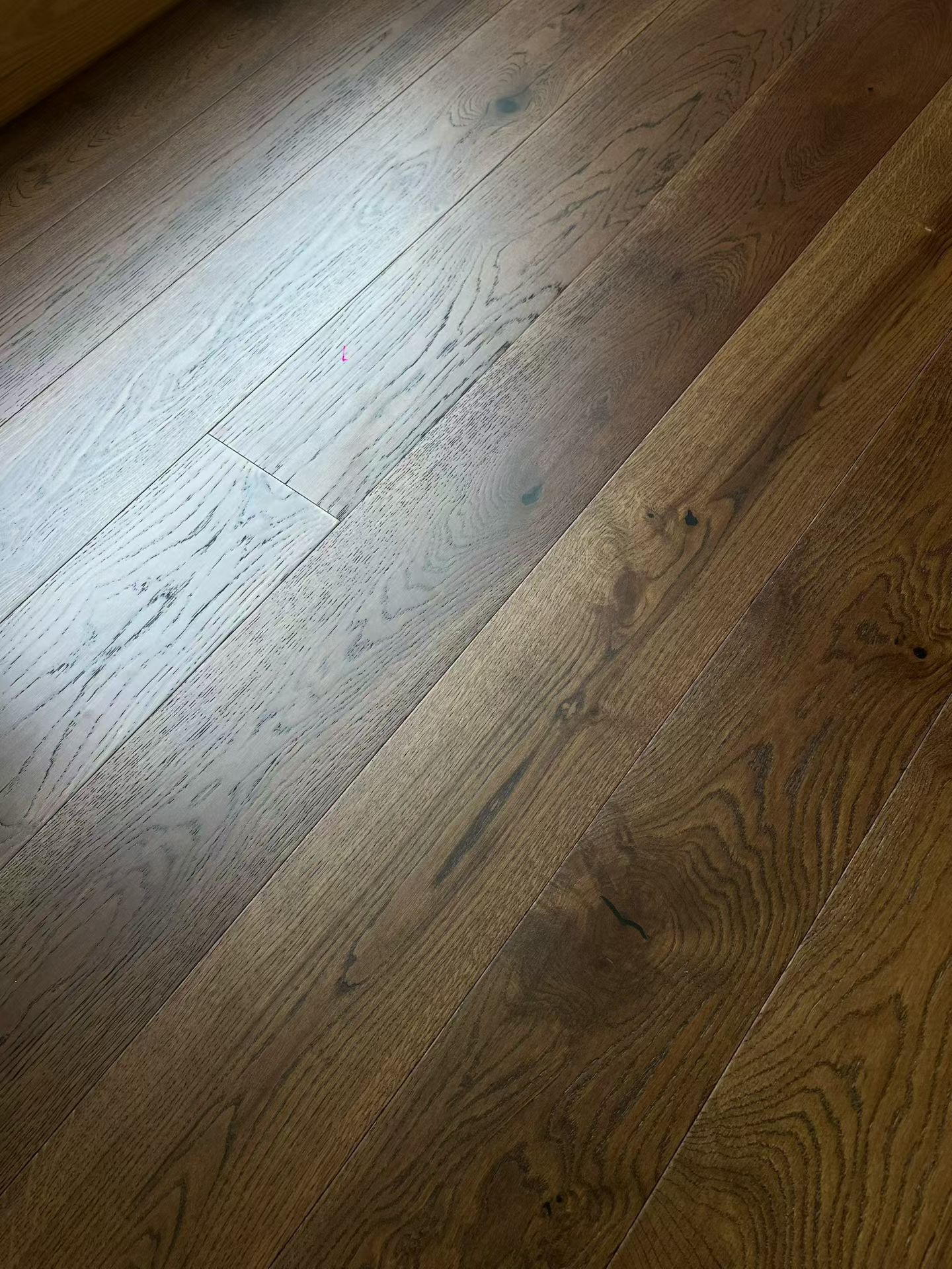 smoked wide plank engineered oak flooring installed