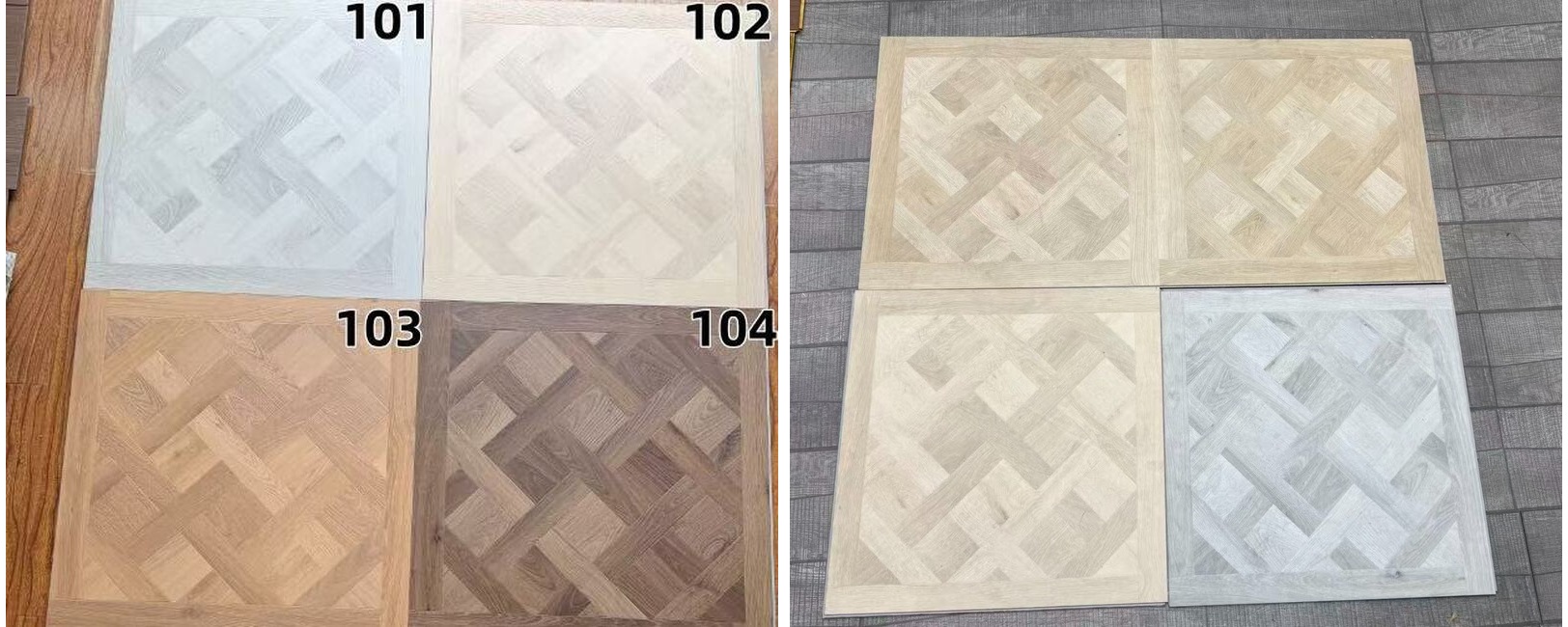 Versailles-pattern SPC flooring in four decorative colours