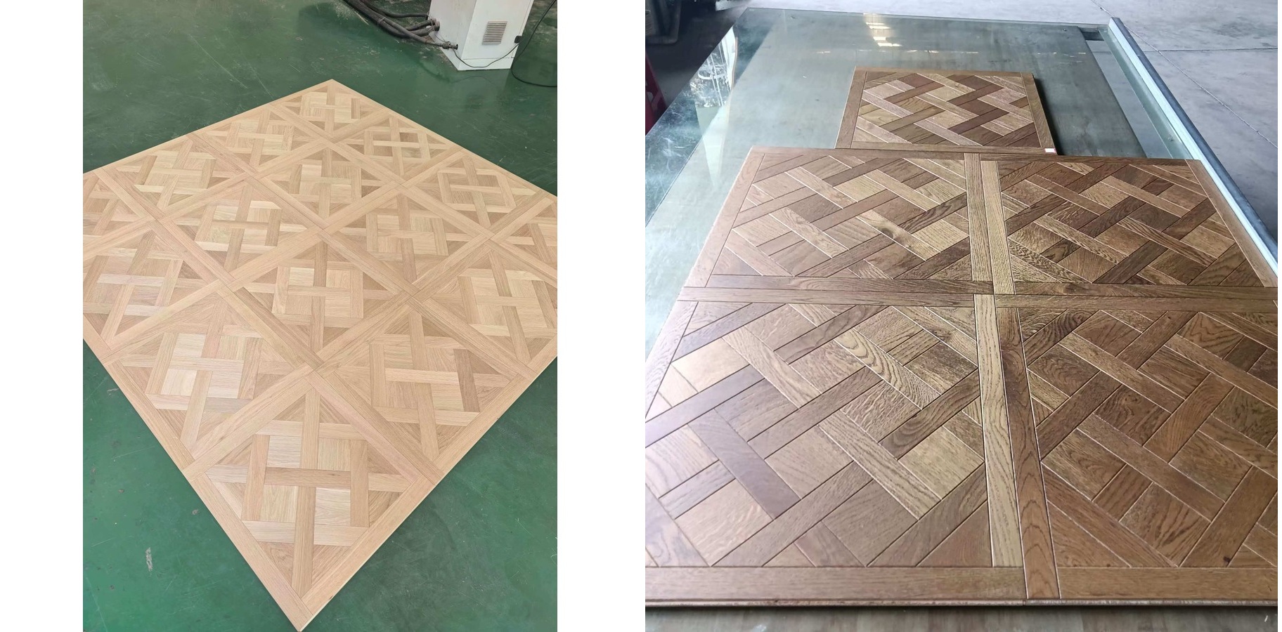 Custom engineered Versailles parquet flooring panels in different colours and patterns